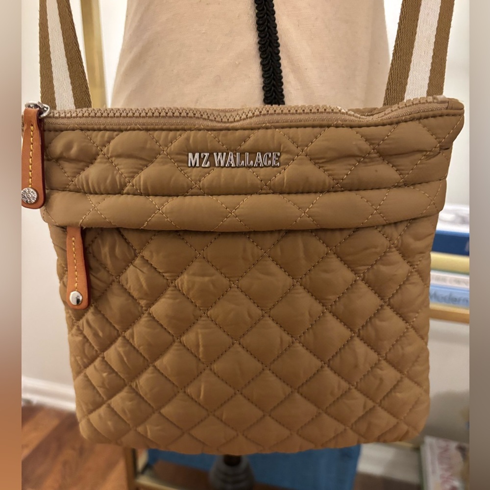 MZ Wallace Flat Metro Crossbody in Camel with Contrasting Strap